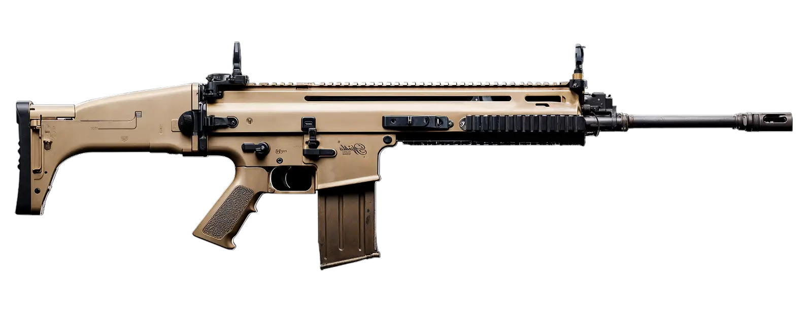 Ultra-realistic full side view of FN SCAR-H battle rifle, for card game Tide of Steel