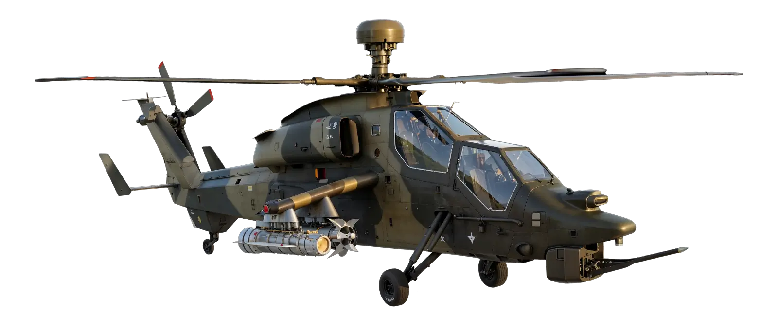 Ultra-realistic slightly angled side view of TAI T129 ATAK attack helicopter for card game Tide of Steel
