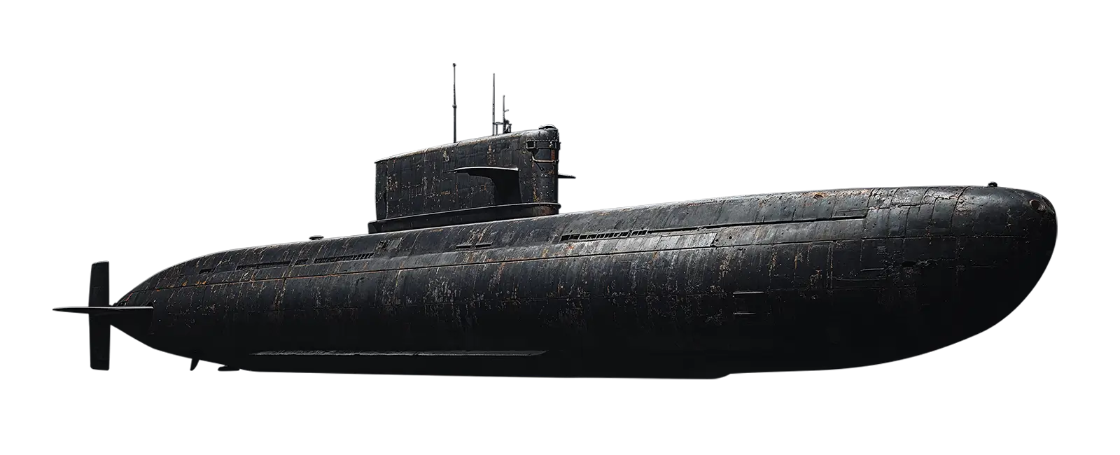 Ultra-realistic slightly angled side-front view of Kilo-class submarine for card game Tide of Steel
