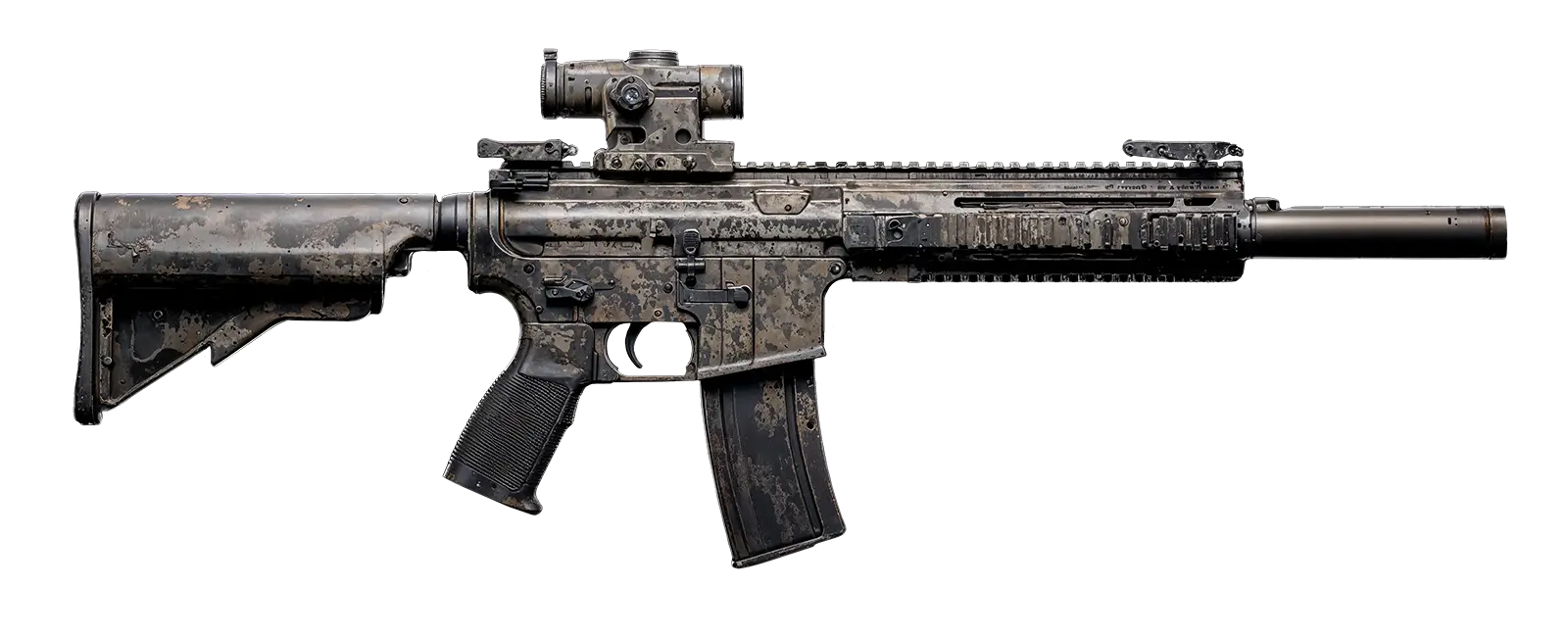 Ultra-realistic side profile view of an HK416 D14.5 for card game Tide of Steel