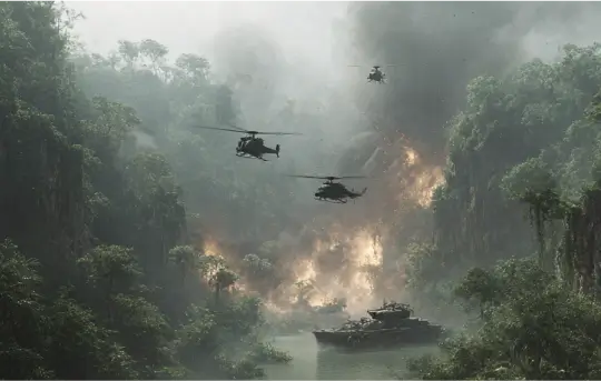 Ultra-realistic Amazon rainforest battlefield near wide river