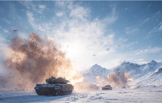 Ultra-realistic frozen battlefield where armored convoys exchanging fire across snow plains with airforces