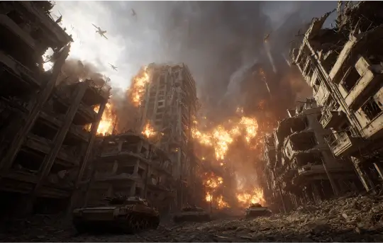 Ultra-realistic chaotic battlefield scene on the edge of the ruined city