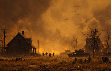 Ultra-realistic scorched rural settlement battlefield