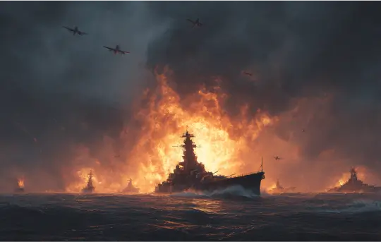 Ultra-realistic large-scale war scene, intense combined arms battle, Hobart-class Destroyer in open sea under attack