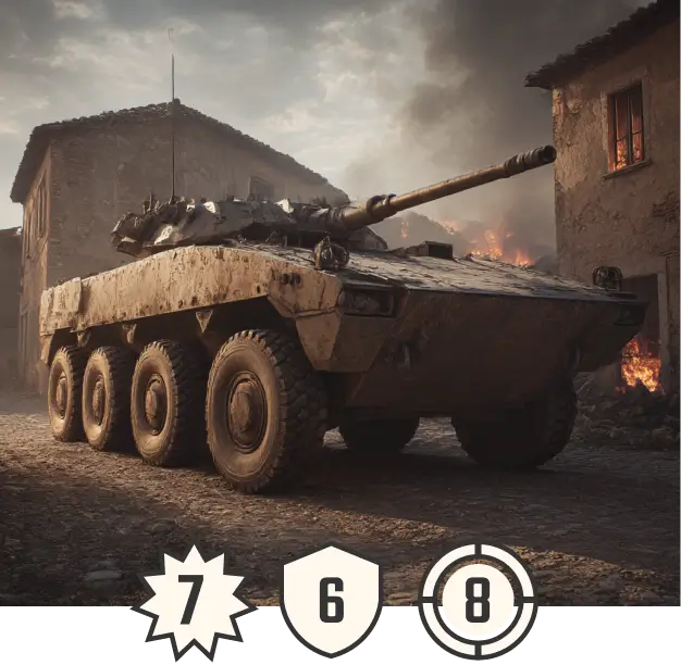 Ultra-realistic cinematic shot of Centauro II wheeled tank for card game Tide of Steel
