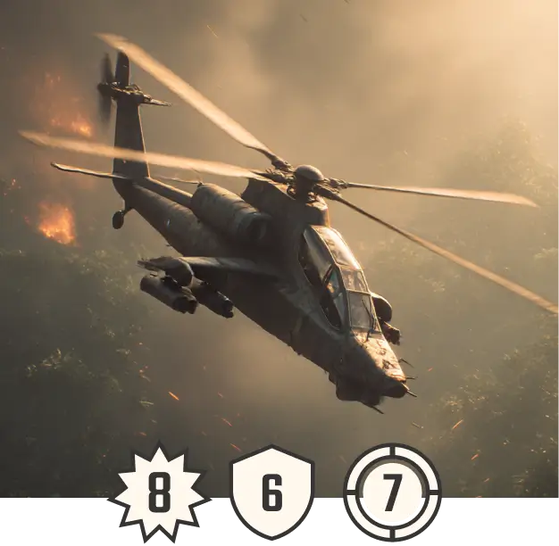Ultra-realistic cinematic shot of TAI T129 ATAK attack helicopter for card game Tide of Steel