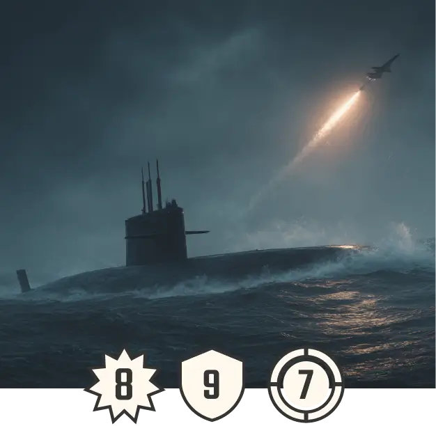 Ultra-realistic cinematic shot of Kilo-class submarine surfacing in stormy ocean for card game Tide of Steel