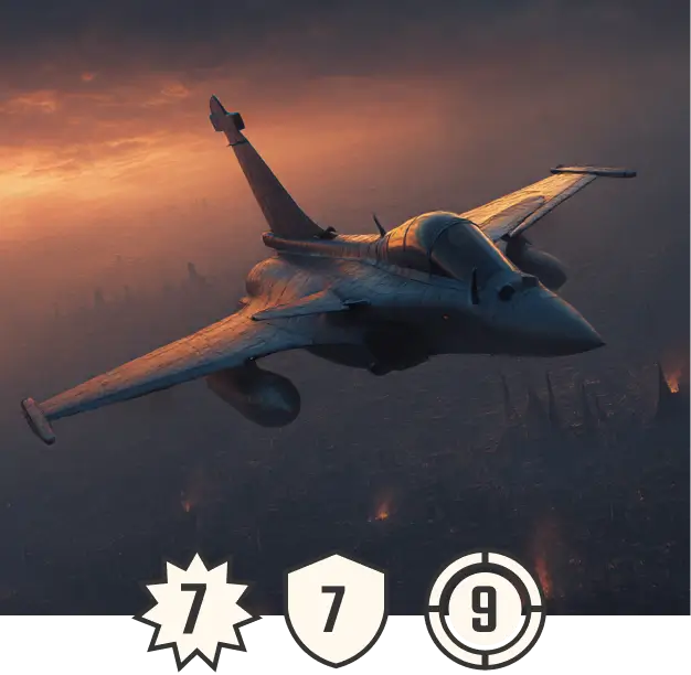 Ultra-realistic cinematic shot of Dassault Rafale F5 fighter jet for card game Tide of Steel