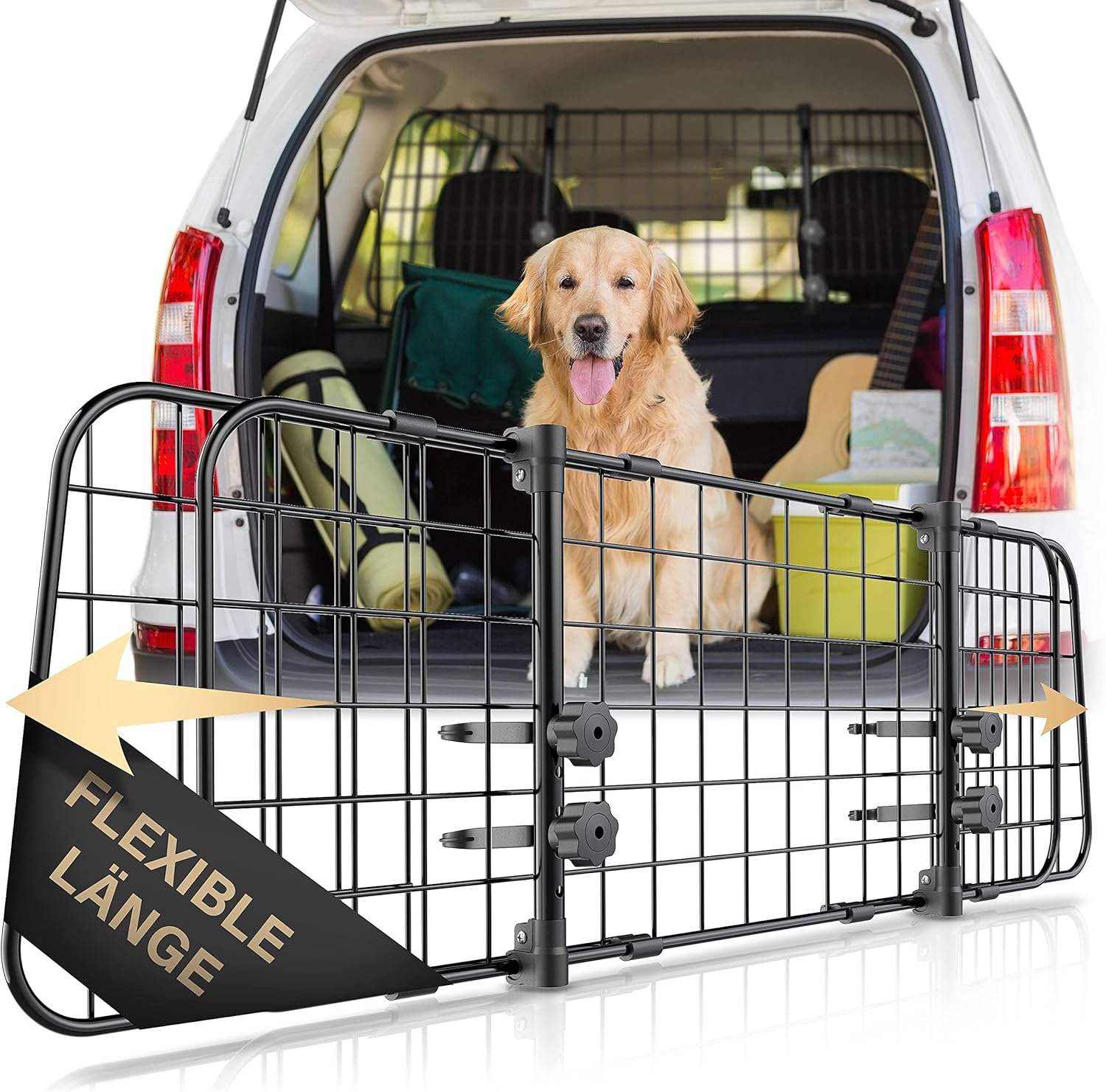 Universal Kofferraum Trenngitter für Hunde - Auto Hundegitter zum Transport für deinen Hund - Schutzgitter mit Kopfstützen-Befestigung - Stufenlos verstellbares Kofferraumschutz Gitter