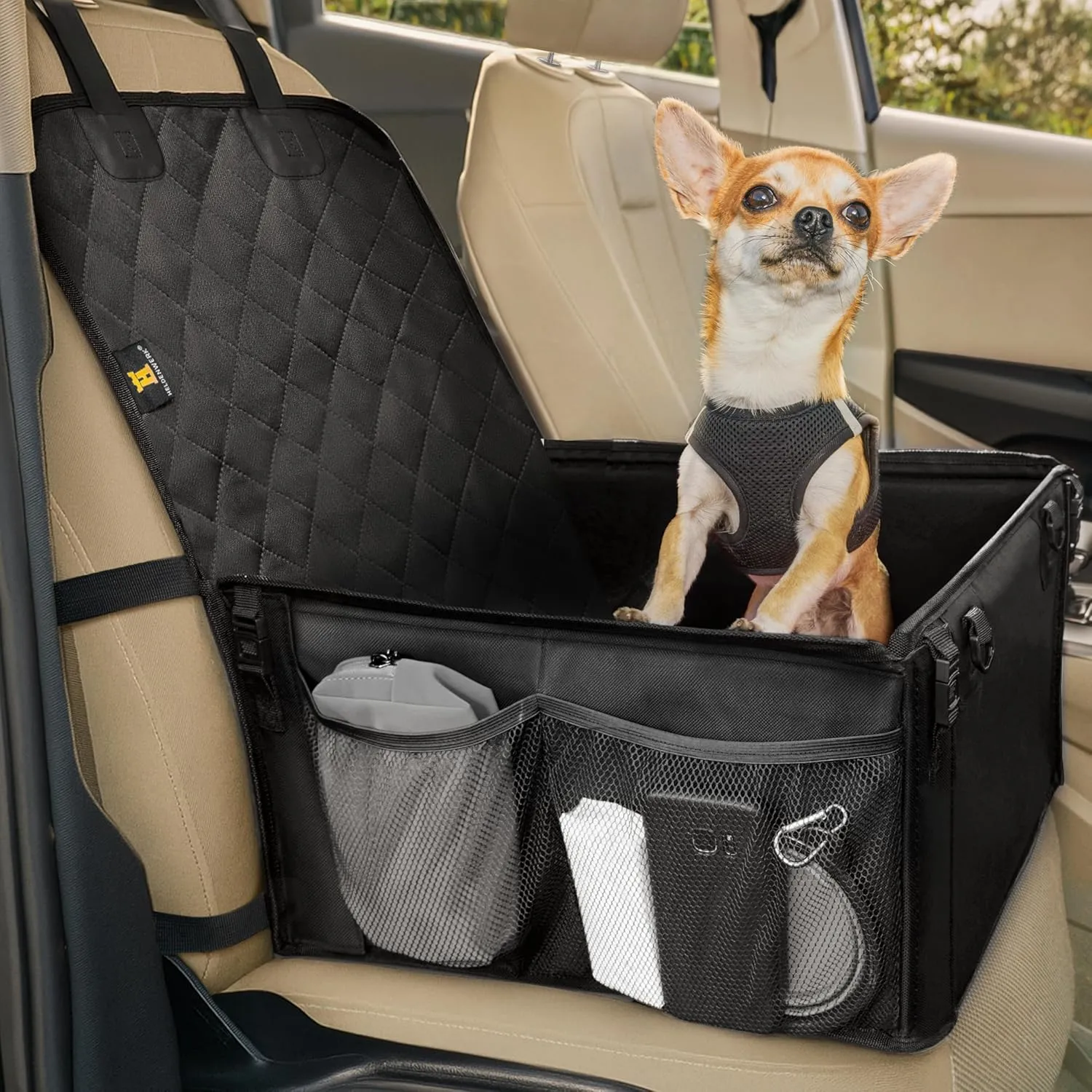 Extra Stabiler Hunde Autositz -Verstärkte Wände und 5 Gurte - Wasserdichter Hundeautositz für Rück- und Vordersitz (Schwarz, Standardgröße)