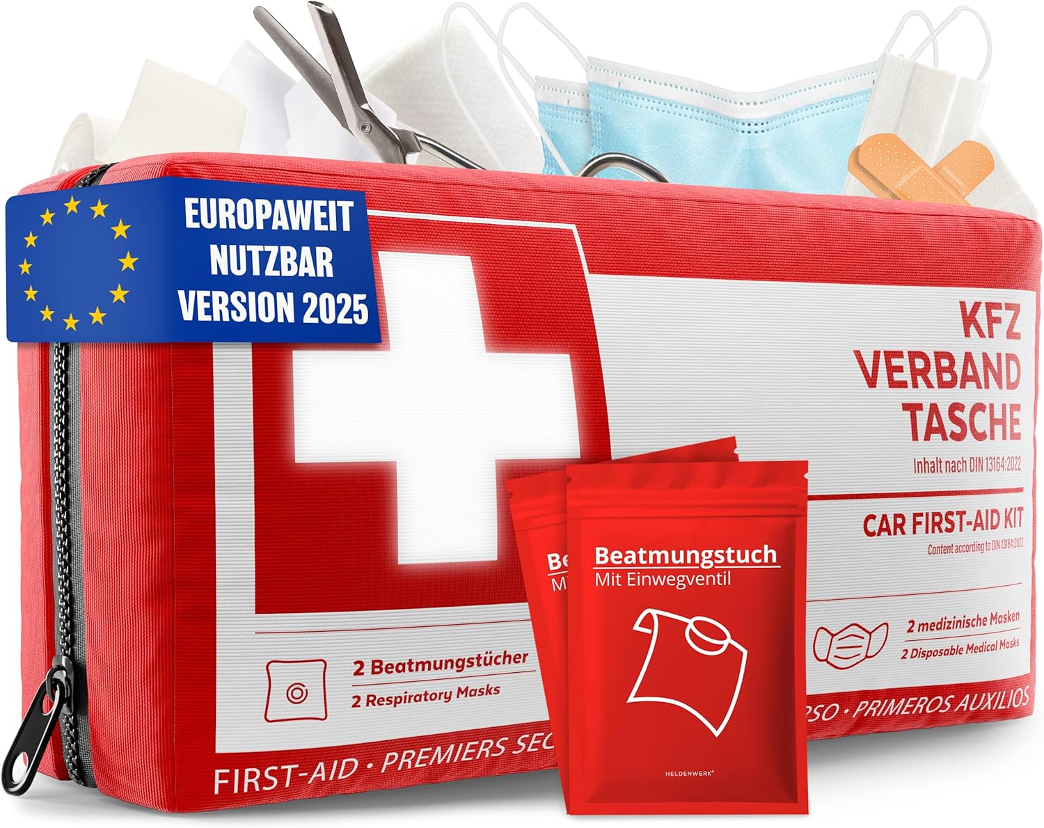 KFZ Verbandstasche nach aktueller Norm 2025 inkl. Beatmungstüchern - KFZ Verbandskasten europaweit nutzbar - Erste Hilfe Set Verbandkasten DIN 13164:2022 (StVO konform)