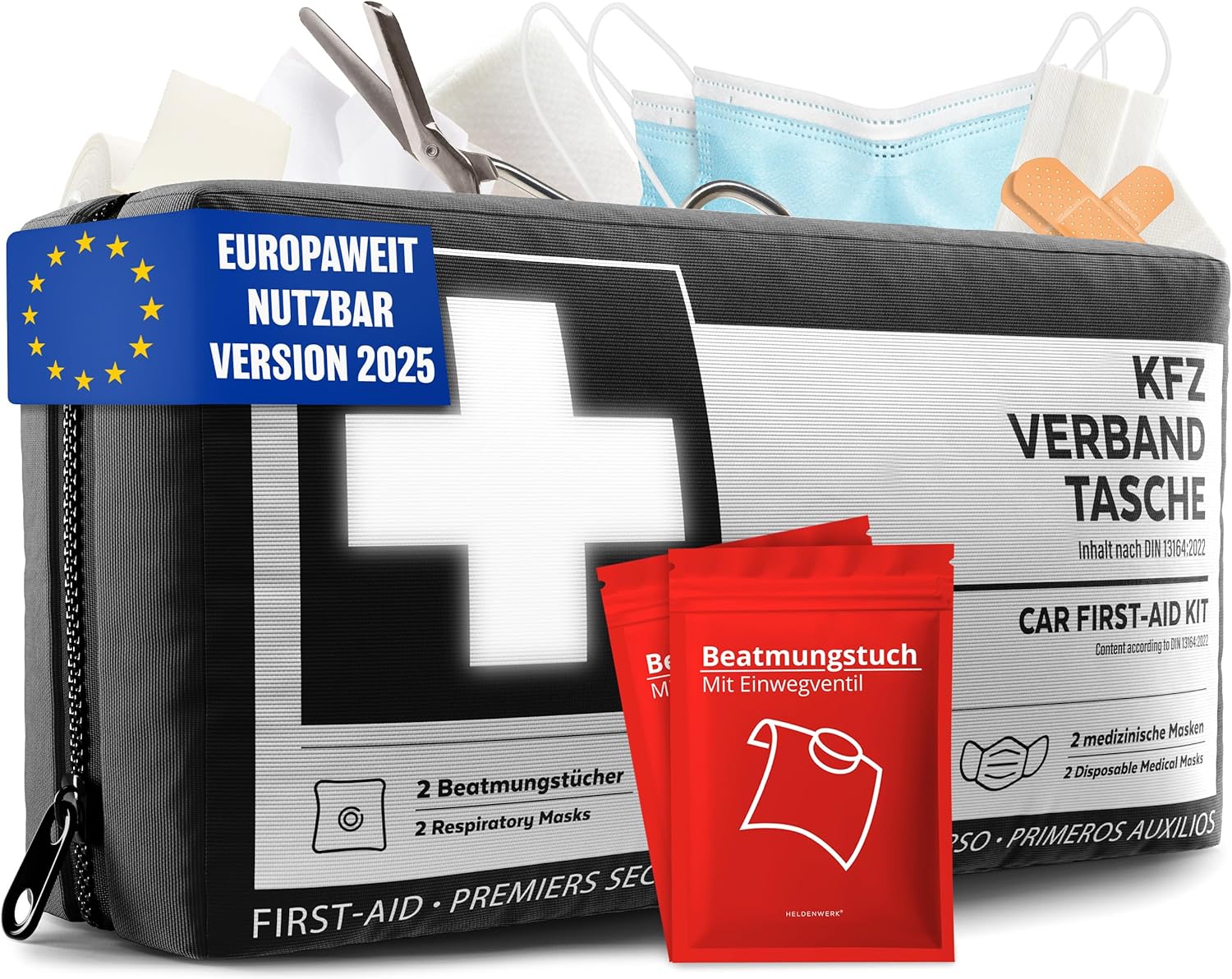 KFZ Verbandstasche nach aktueller Norm 2025 inkl. Beatmungstüchern - KFZ Verbandskasten europaweit nutzbar - Erste Hilfe Set Verbandkasten DIN 13164:2022 (StVO konform)