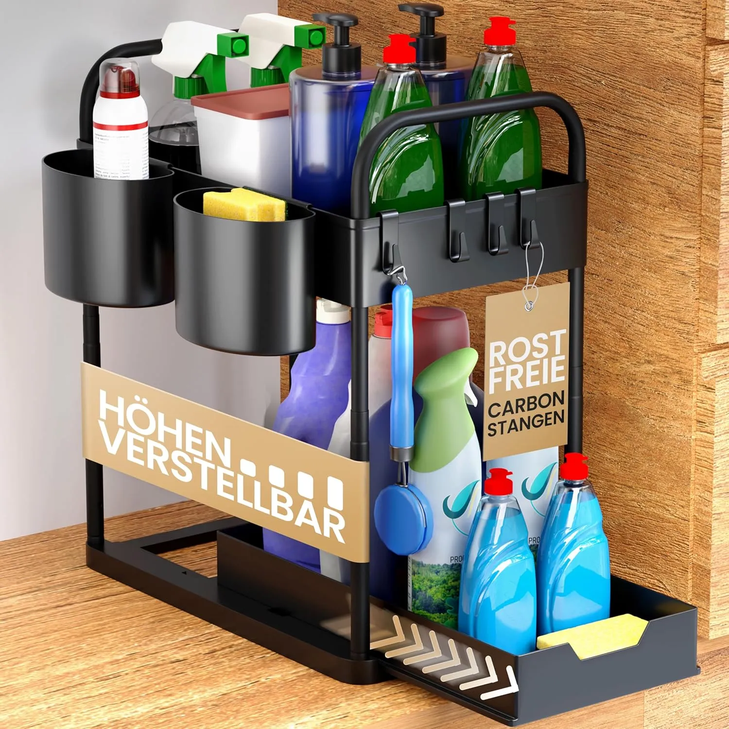 Unter Waschbecken Regal für Spülenunterschrank höhenverstellbar mit 2 Etagen in schwarz I Küchen Organizer Unterschrank Gewürzregal I Waschbeckenunterschrank Organizer