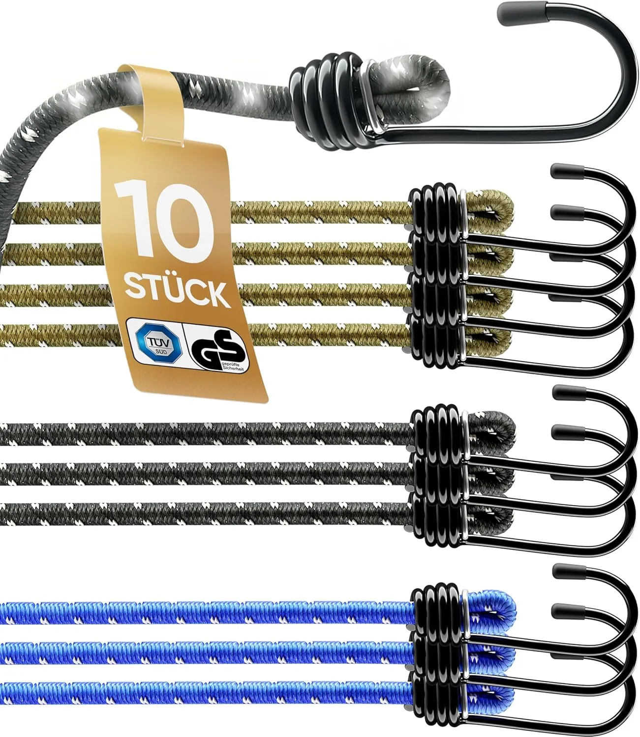 10er-Set Expander TÜV/GS geprüft mit Haken Elastisch in 30, 45, 75 und 100cm I Spanngummi mit Haken für Transport, Camping & Sicherung I Spannseil, Gummispanner & Gepäckspanner (30cm)