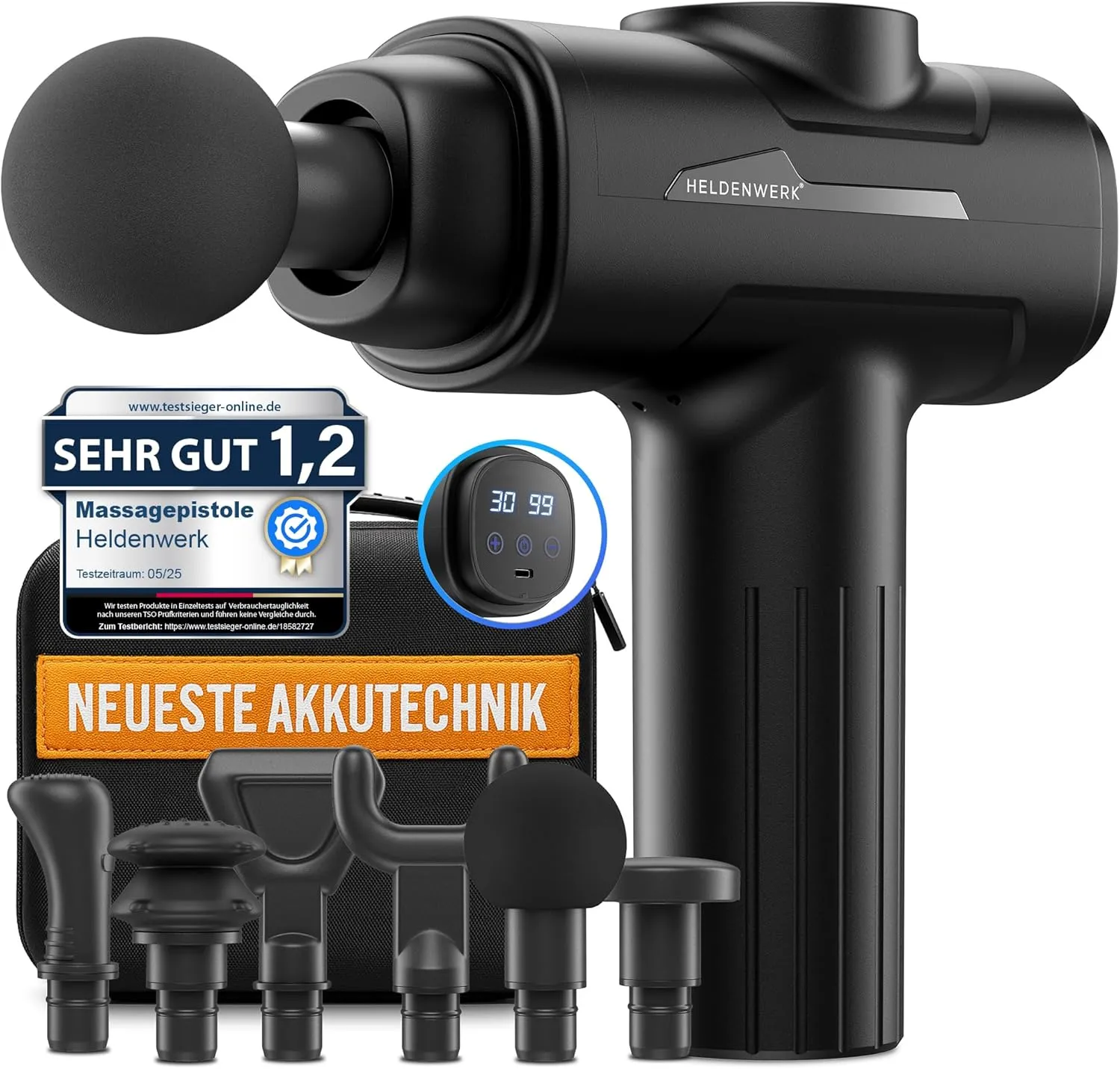 Massagepistole inkl. 6 Massageköpfen & 30 Geschwindigkeiten, mit USB-C Anschluss und LCD Touchscreen I Muskel Massagegerät, Massage-Gun, Muskelmassagepistole, Muskel-Pistole (Schwarz)