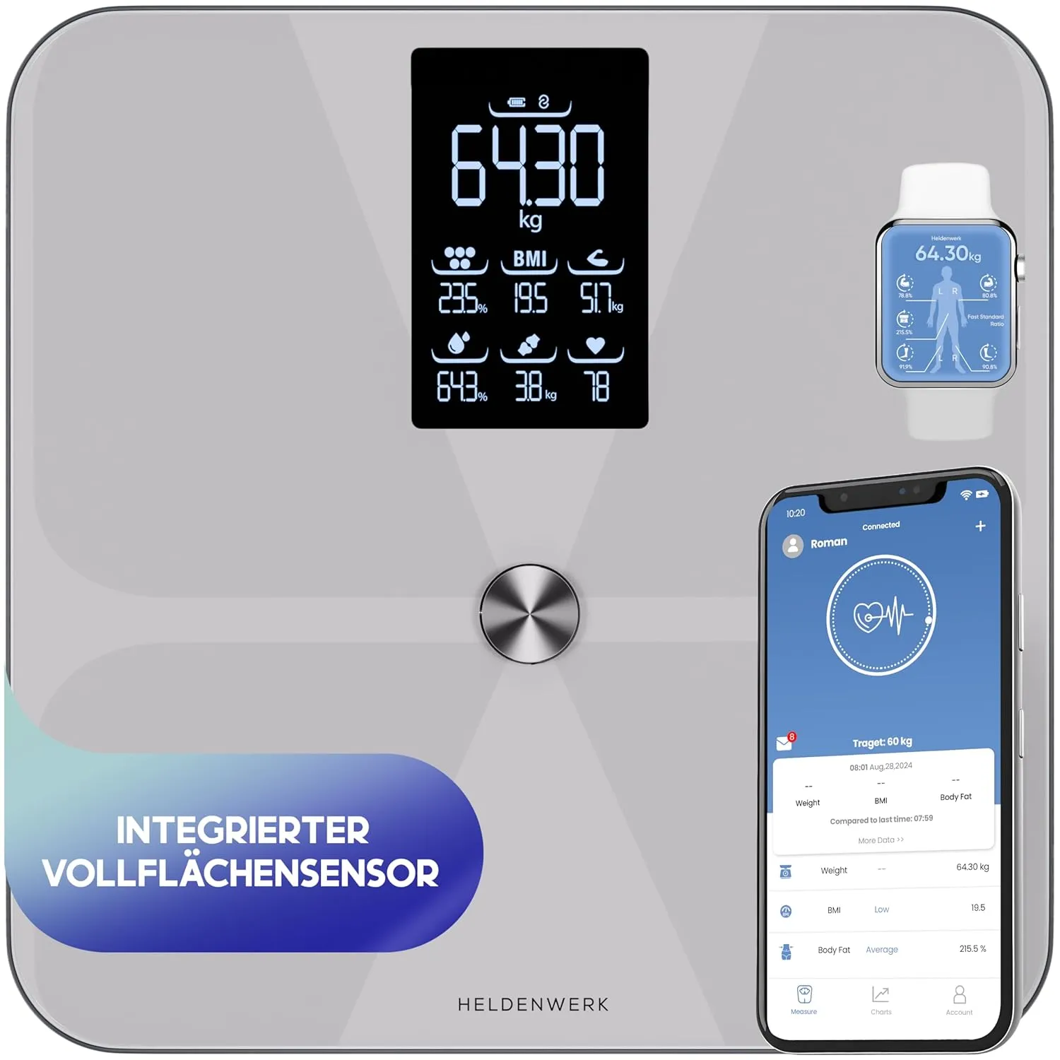 Personenwaage Körperfettwaage, Waage Personen mit App & Vollflächensensor 180 kg/400 lbs, Körperwaage Digital, Bluetooth Körperanalysewaage für Körperfett, BMI, Muskelmasse, Protein, BMR