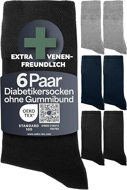 Comfort Socken für Damen & Herren 6 Paar | Komfort Socken ohne Gummibund & Naht aus 97% Baumwolle | Extraweite Gesundheitssocken mit Komfortbund