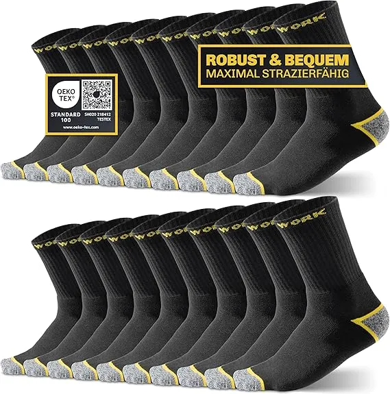 10 Paar Arbeitssocken Herren Premium | Verstärkte Arbeitsstrümpfe aus atmungsaktiver Baumwolle | Robuste Work Socks mit Komfortbund