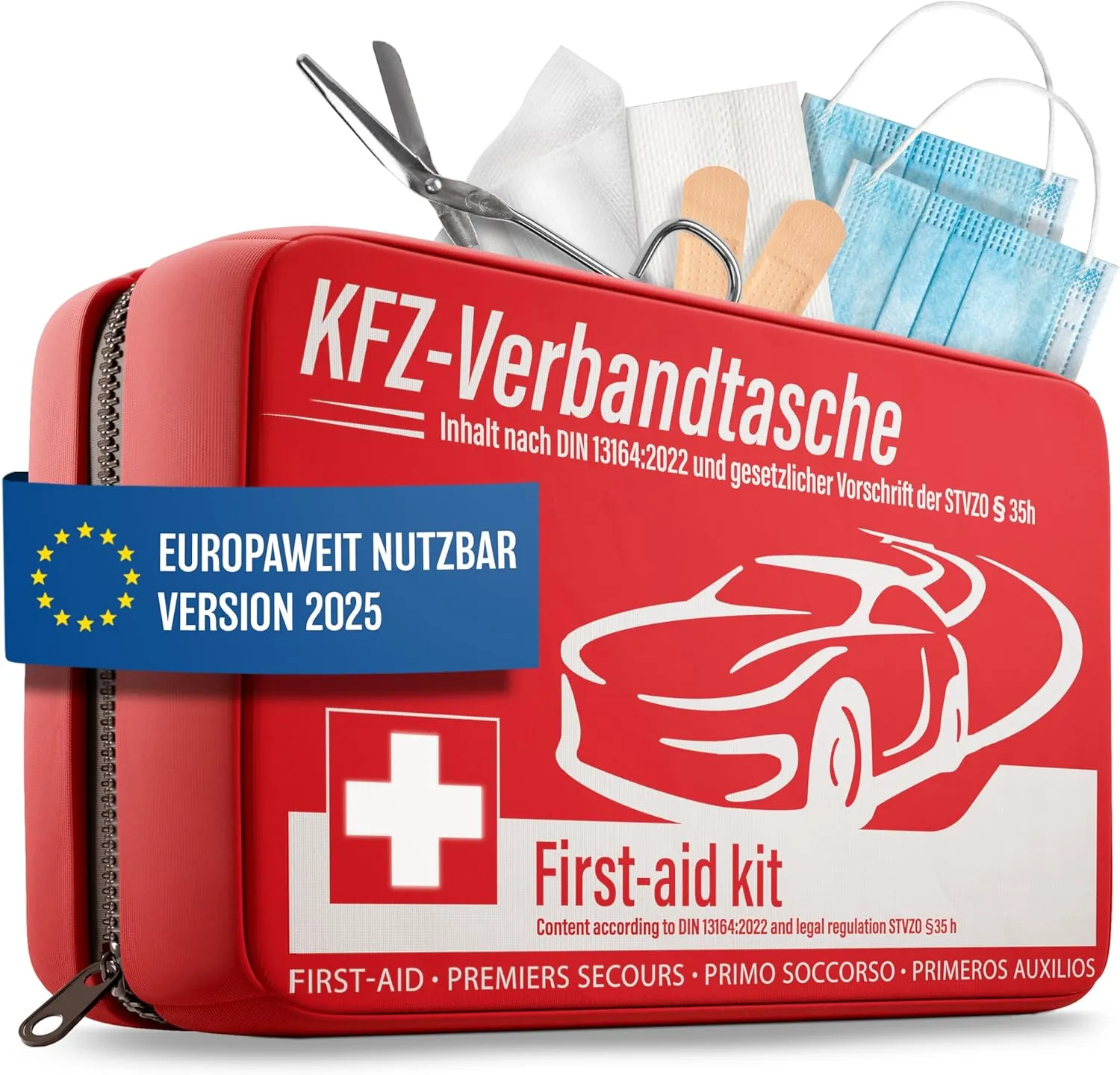 KFZ Verbandstasche nach aktueller Norm 2025 - Europaweit Nutzbar - Erste Hilfe Set Auto Verbandskasten DIN 13164:2022 (StVO konform)