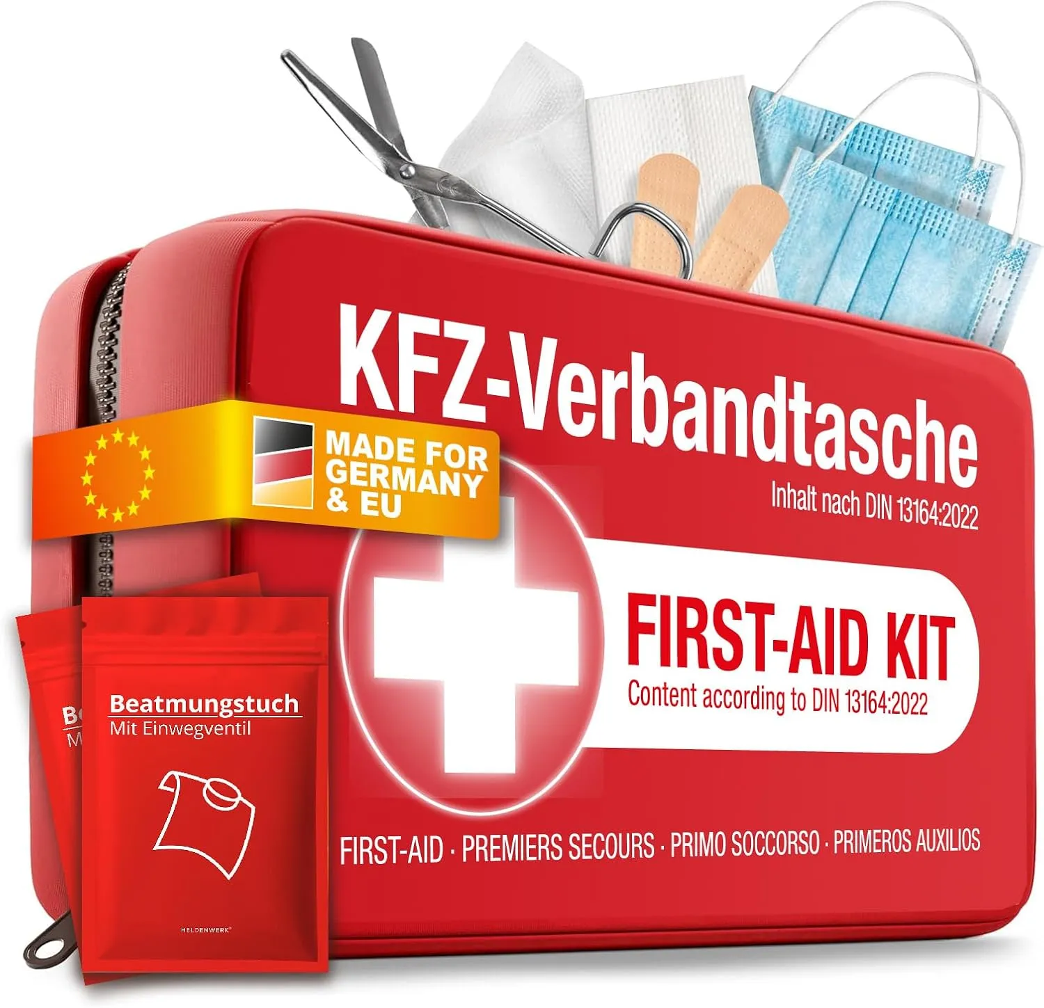 KFZ Verbandstasche nach aktueller Norm 2025 inkl. Beatmungstüchern - Auto Verbandskasten europaweit nutzbar - Erste Hilfe Set neue Norm DIN 13164:2022 (StVO konform)