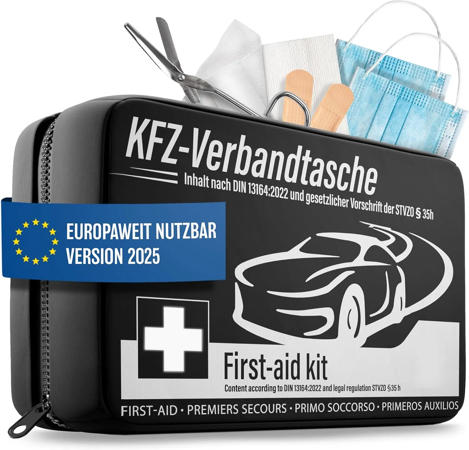 KFZ Verbandstasche nach aktueller Norm 2025 - Europaweit Nutzbar - Erste Hilfe Set Auto Verbandskasten DIN 13164:2022 (StVO konform)