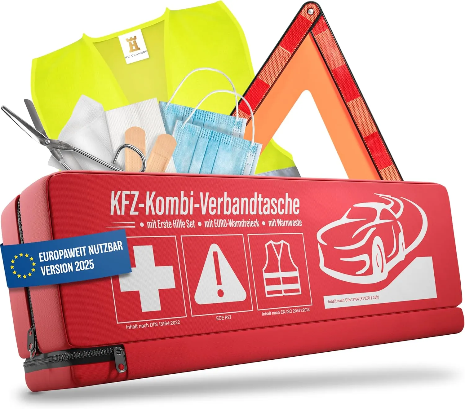 KFZ Kombitasche (3 in 1) nach aktueller Norm 2025 - Inkl. Warndreieck, Warnweste - Verbandskasten Warndreieck Set Verbandskasten Auto DIN 13164:2022 (StVO konform)