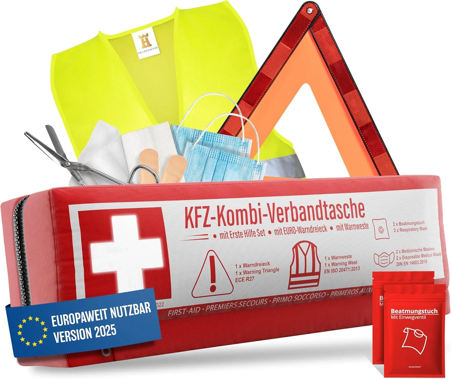 KFZ Kombitasche (3 in 1) nach aktueller Norm 2025 - Inkl. Warndreieck, Warnweste - Verbandskasten Warndreieck Set Verbandskasten Auto DIN 13164:2022 (StVO konform)