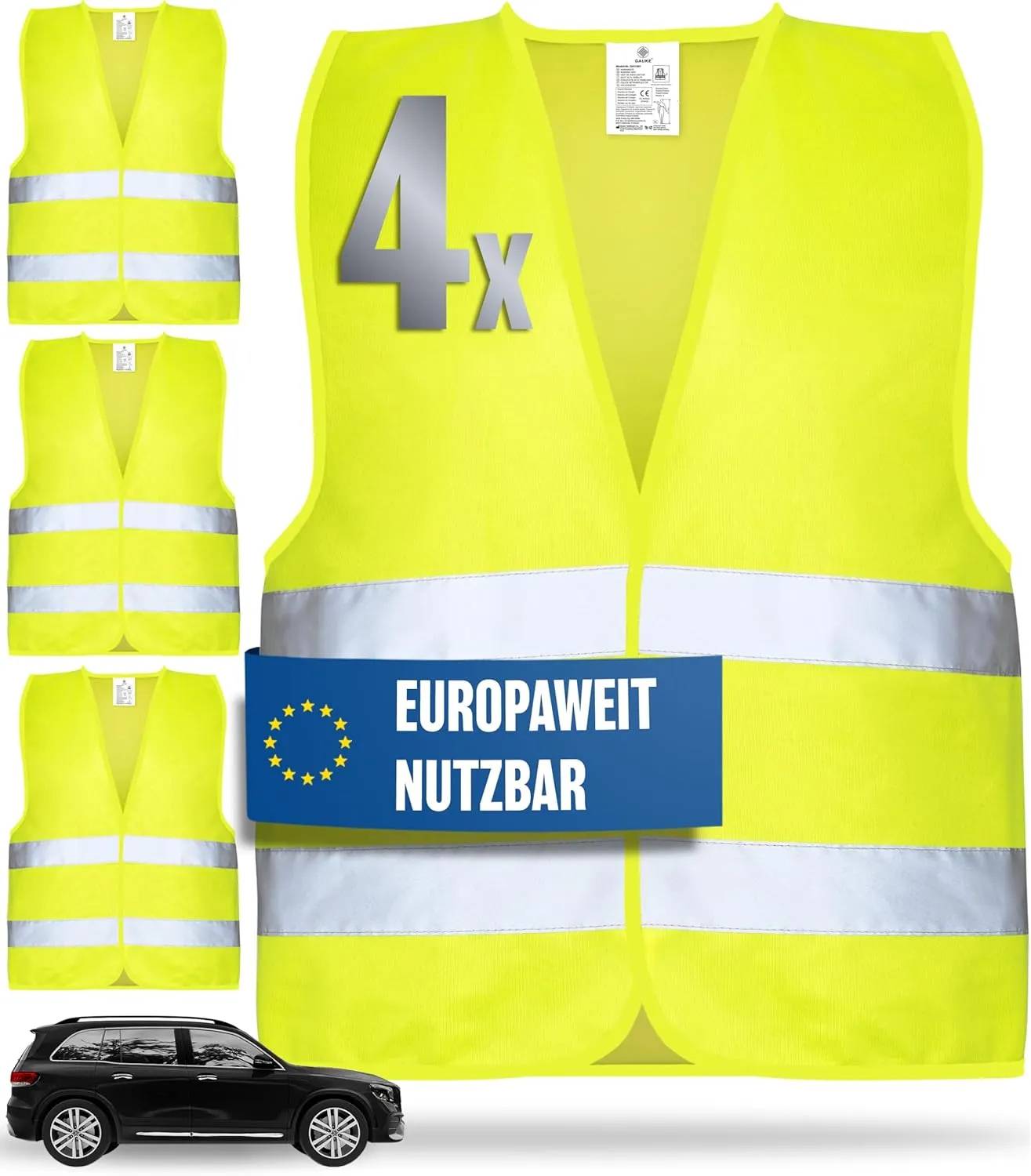 Warnwesten Auto 4er Set Europaweit gültig nach aktueller Norm 2025 EN ISO 20471 - Reflektierende Warnweste Auto - Sicherheitsweste Gelb - Warnschutzweste - Auto Warnweste für Erwachsene