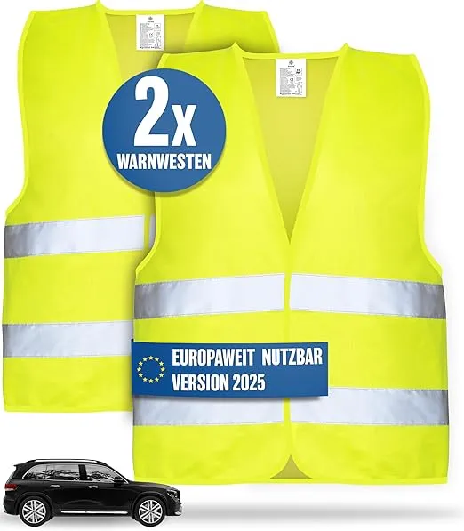 Auto Warnweste 2er Set für Erwachsene europaweit einsetzbar - Reflektierende Warnwesten 2025 - PKW Sicherheitsweste, Pannenweste, KFZ Weste