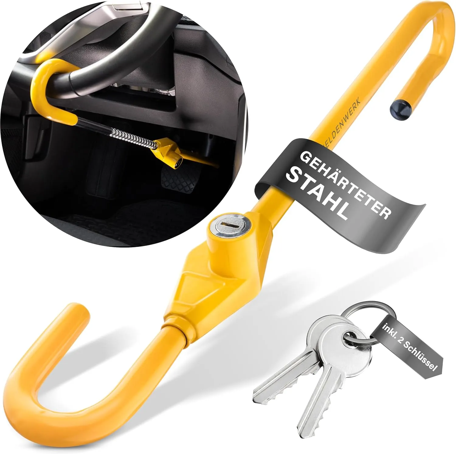 Universal Lenkradkralle zur Diebstahlsicherung - Auto Diebstahlschutz durch Lenkradschloss & Lenkradsperre - Auto-Kralle als Wegfahrsperre Gelb