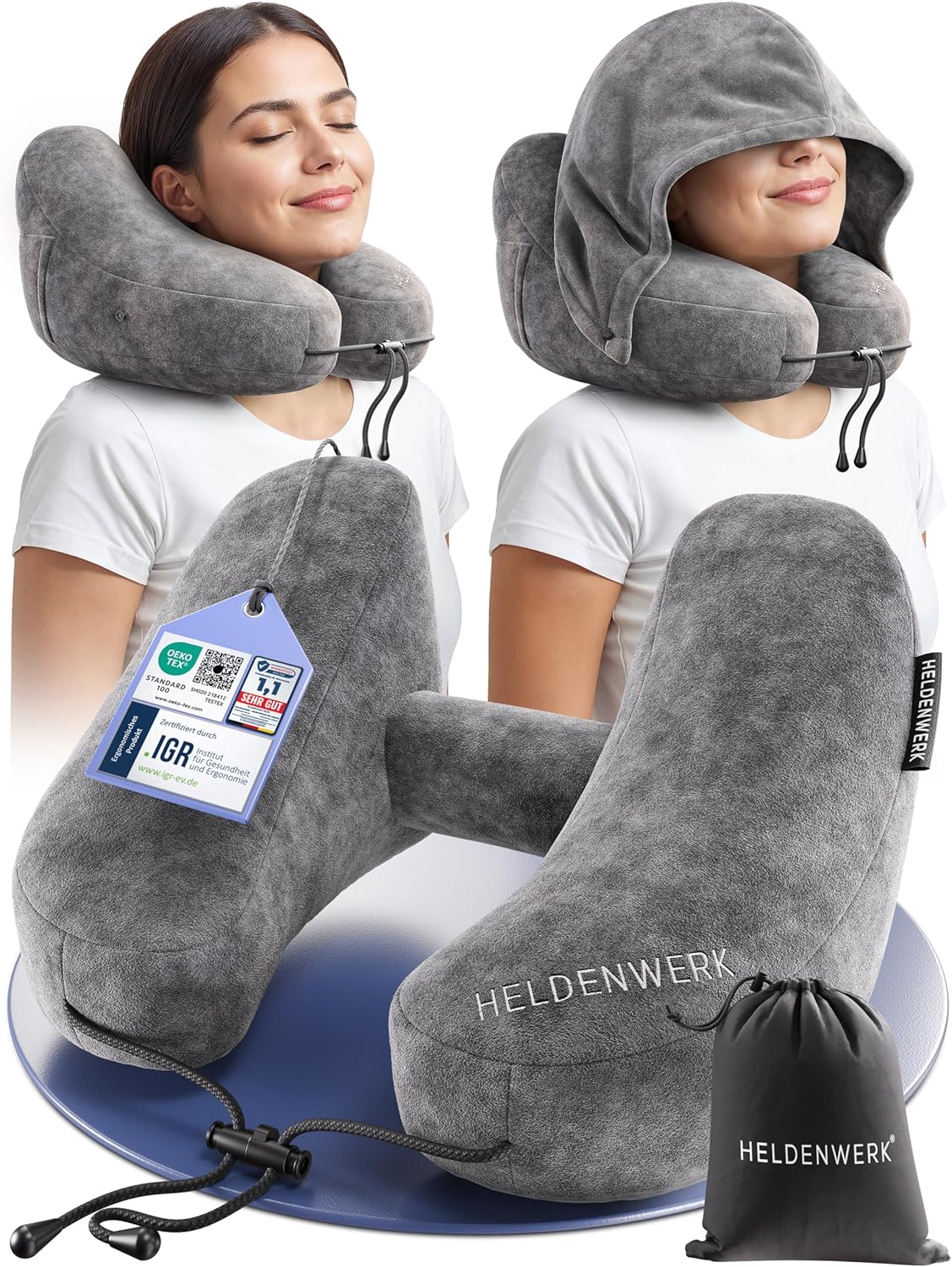 Air Nackenkissen Flugzeug Aufblasbar Reisekissen ErgoRing-Design – 5 Schlafpositionen Nackenhörnchen mit Abnehmbarer Kapuze – Nackenkissen Reise schnell aufblasbar & druckregulierbar