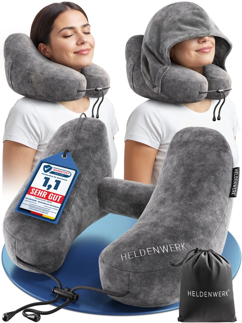 Air Nackenkissen Flugzeug Aufblasbar Reisekissen ErgoRing-Design – 5 Schlafpositionen Nackenhörnchen mit Abnehmbarer Kapuze – Nackenkissen Reise schnell aufblasbar & druckregulierbar