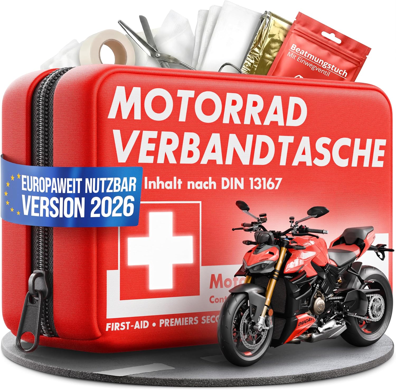 Erste Hilfe Set Motorrad nach aktueller Norm 2026 inkl. Beatmungstuch - Verbandstasche/Verbandskasten klein - (StVO konform) DIN 13167 - Mini First Aid Kit Motorbike Accessories