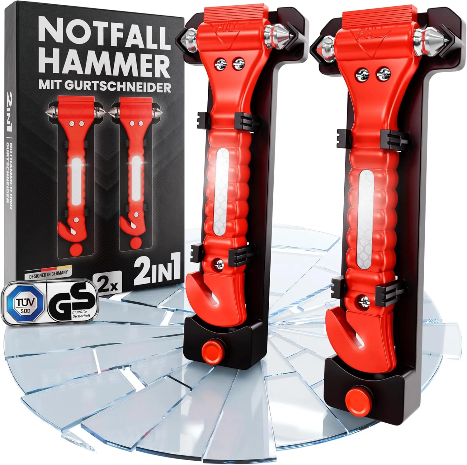Nothammer Auto mit Gurtschneider TÜV GS Zertifiziert [2er Set] - Notfallhammer mit gehärteten Spitzen und Reflektoren - Notfall Hammer, Sicherheitshammer mit Gurtmesser