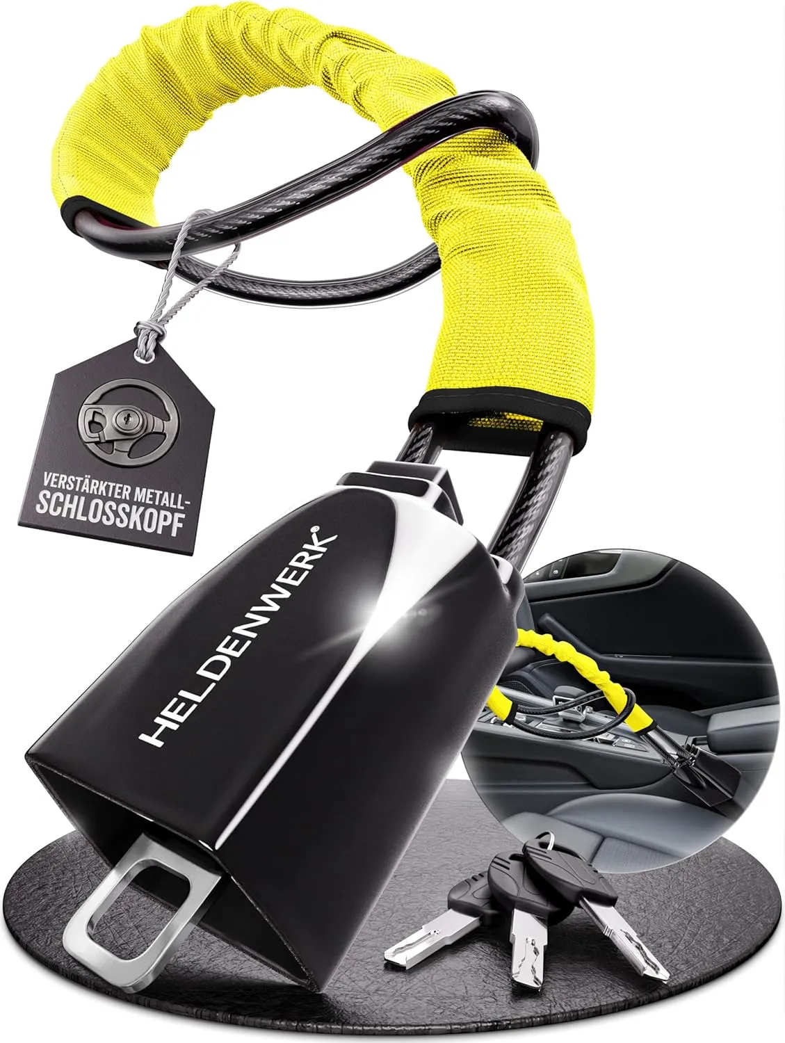 Lenkradkralle für Auto & Wohnmobil aus Metall - Universelle Passform - Lenkradschloss mit dickem Stahlseil - Wegfahrsperre Diebstahlsicherung mit 3 Sicherheitsschlüsseln (Gelb)