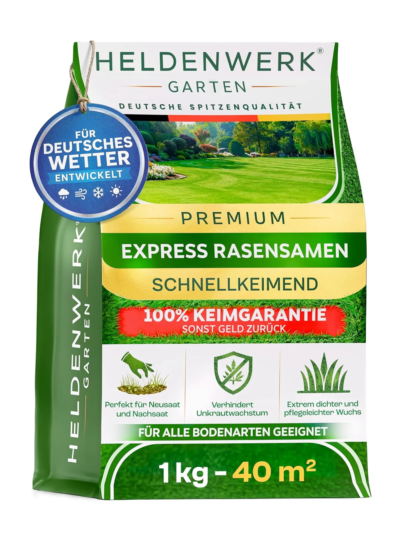 Rasensamen schnellkeimend 1kg/40m² FRÜHJAHR – FÜR DEUTSCHES WETTER – Grassamen für Nachsaat & Neusaat – Sport & Spielrasen robust für alle Bodenarten – Made in Germany (1kg für 40qm)