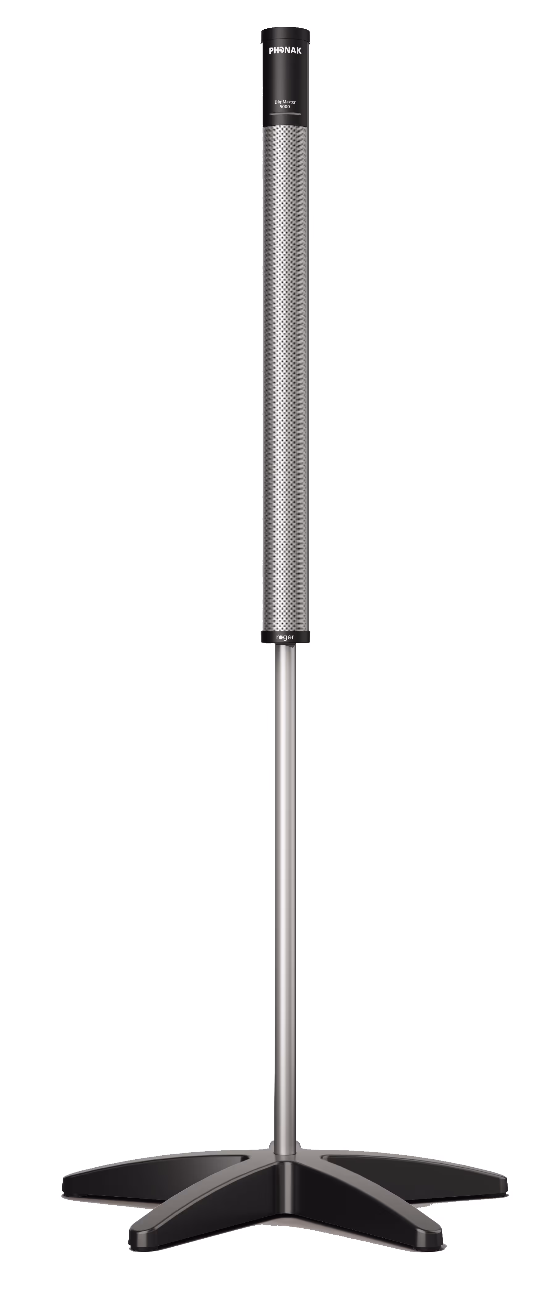 A tall, sleek speaker with a metal finish stands on a wide, triangular base.