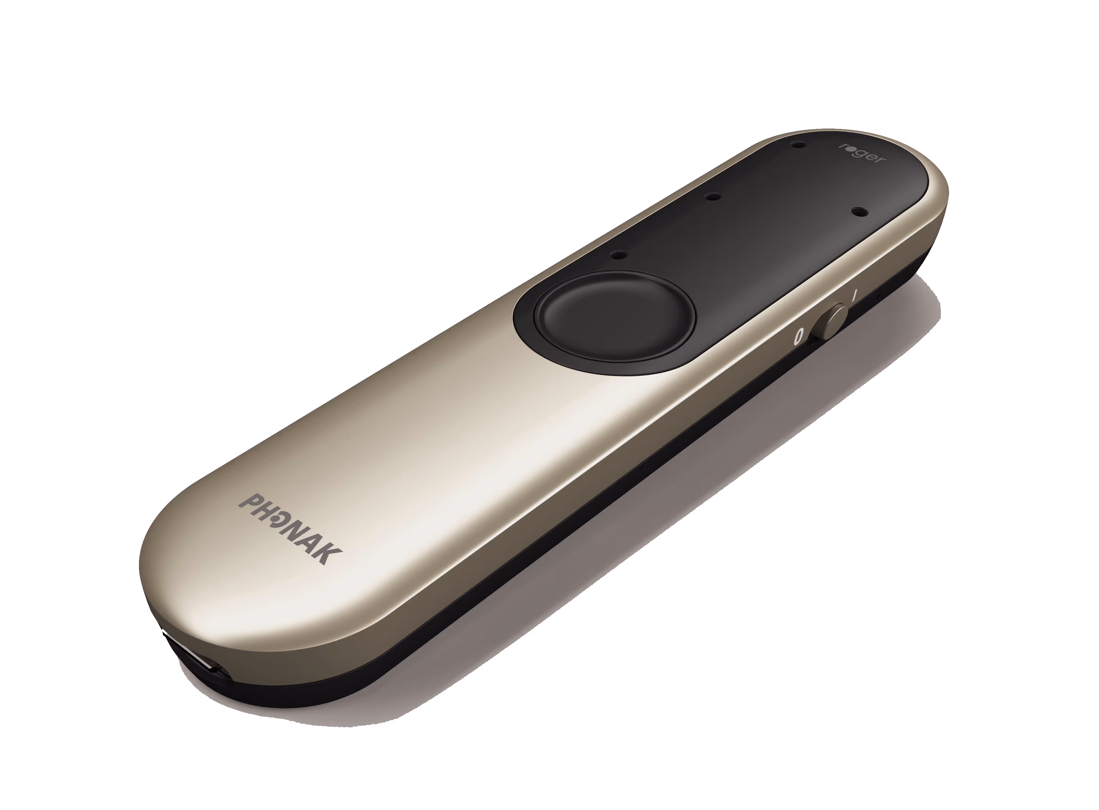 A small, portable hearing device with a button and sleek design, labeled "Phonak."