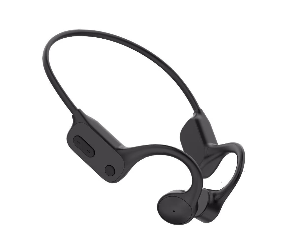 Bone conduction headphones with a wraparound headband and integrated controls on the side.