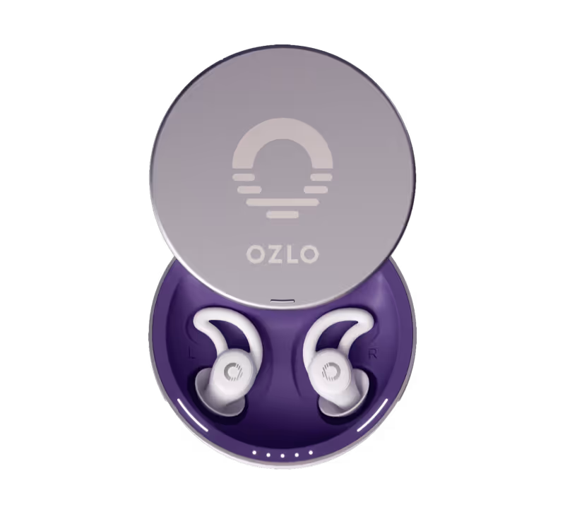 Gray, circular charging case with the logo "OZLO" open to reveal white wireless earbuds inside.