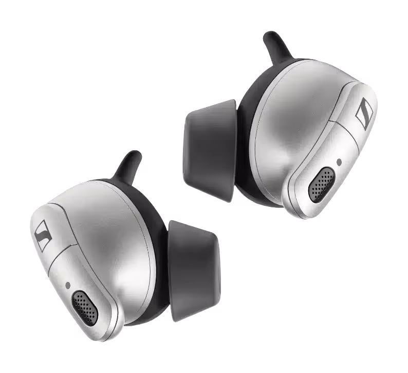 Two silver wireless earbuds with black ear tips and small logo on the outer surface.