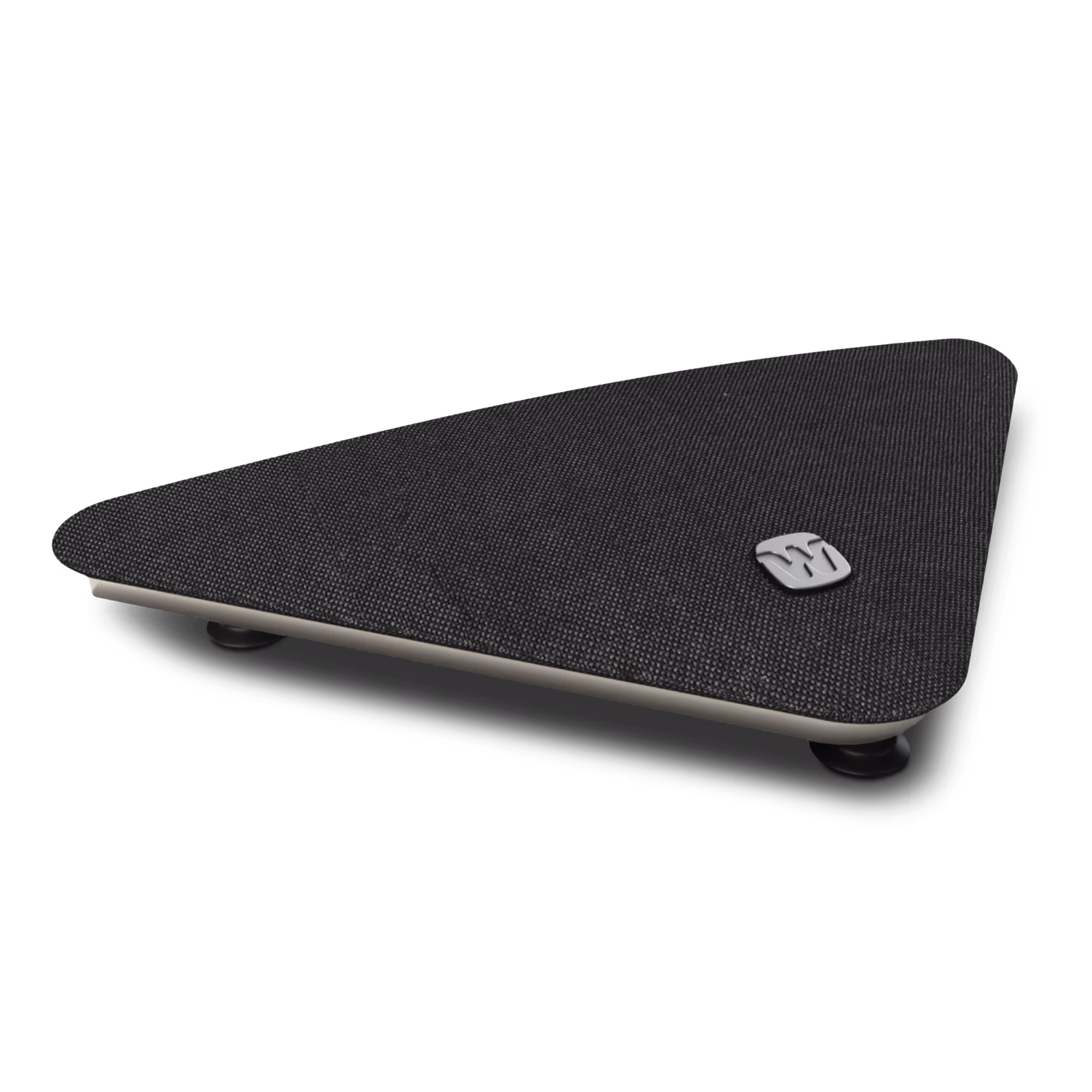 A triangular, black speaker with a logo on top, resting on small feet.