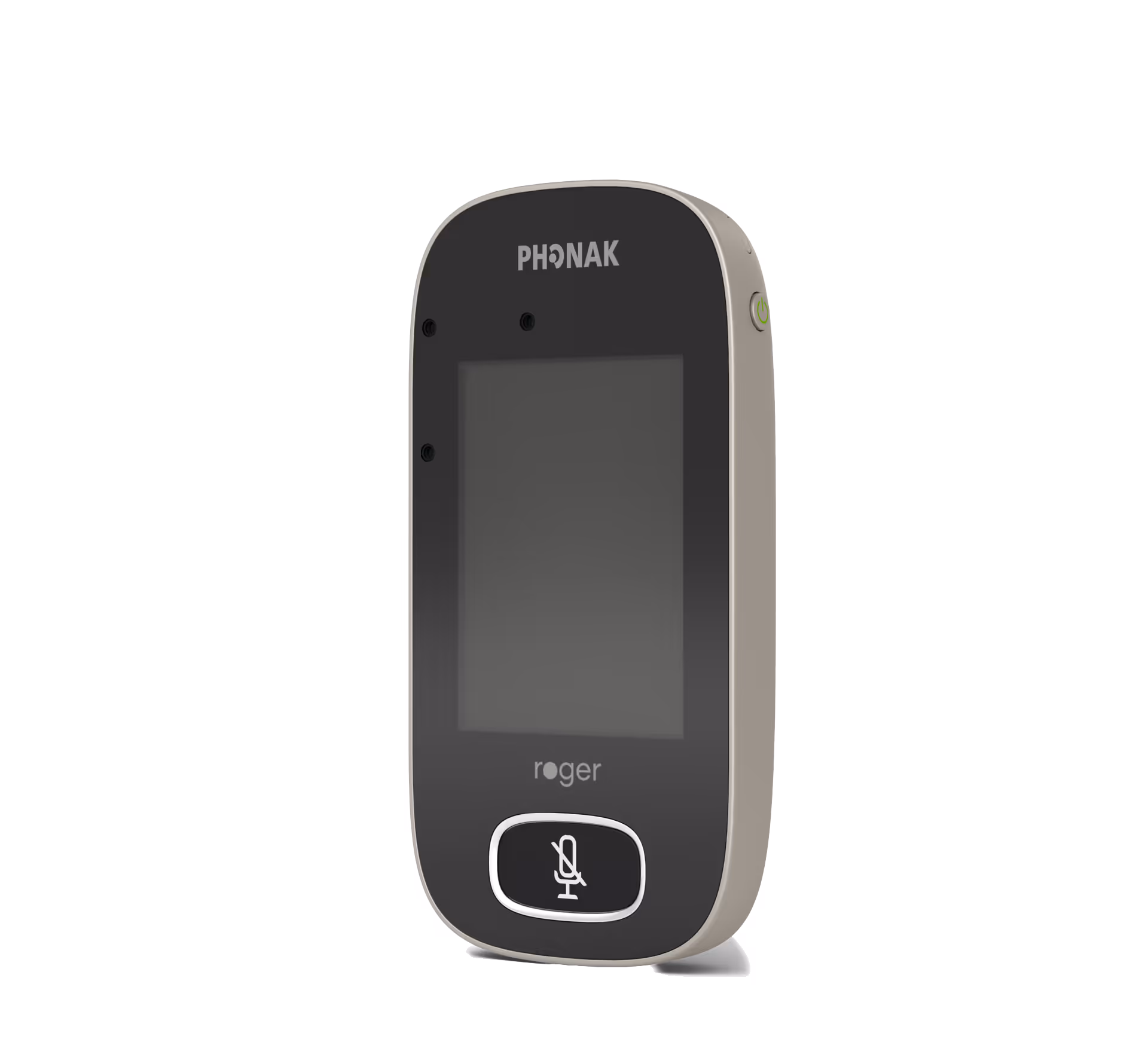 A handheld electronic device with a screen and microphone icon, labeled "Phonak Roger."