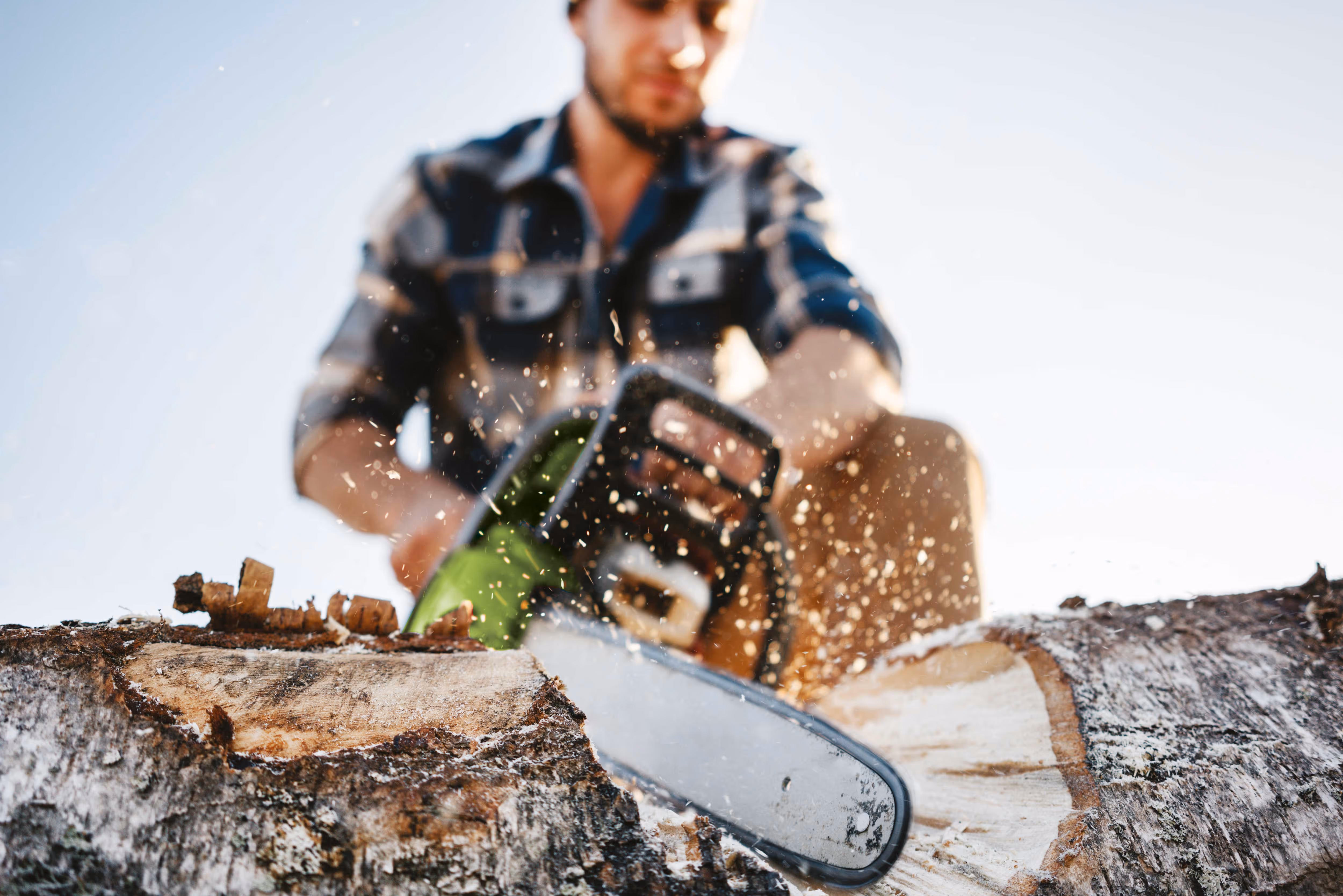 A person in flannel cuts logs with a chainsaw, producing wood chips and sawdust.