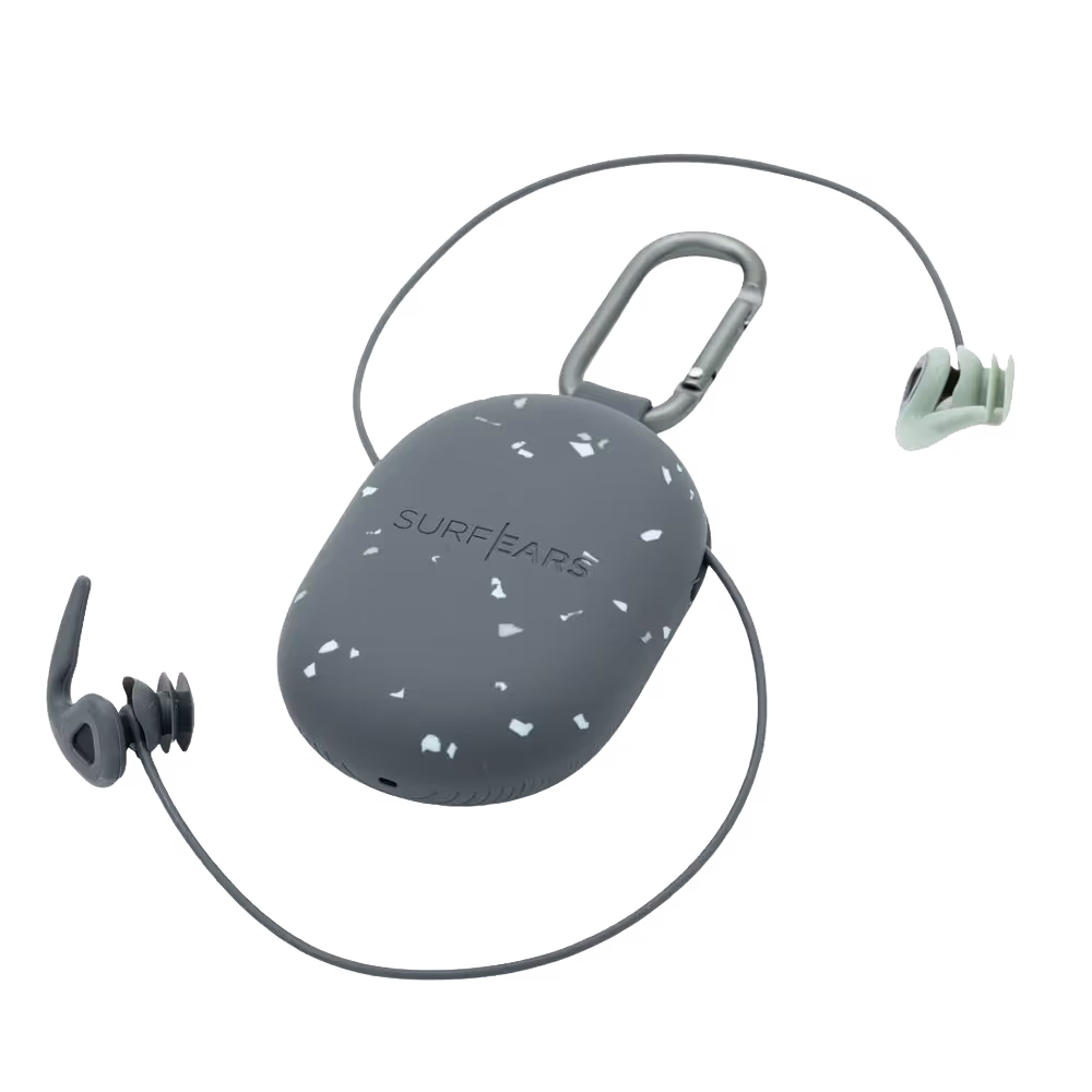 Wireless earbuds with a speckled charging case and a carabiner for easy carrying.