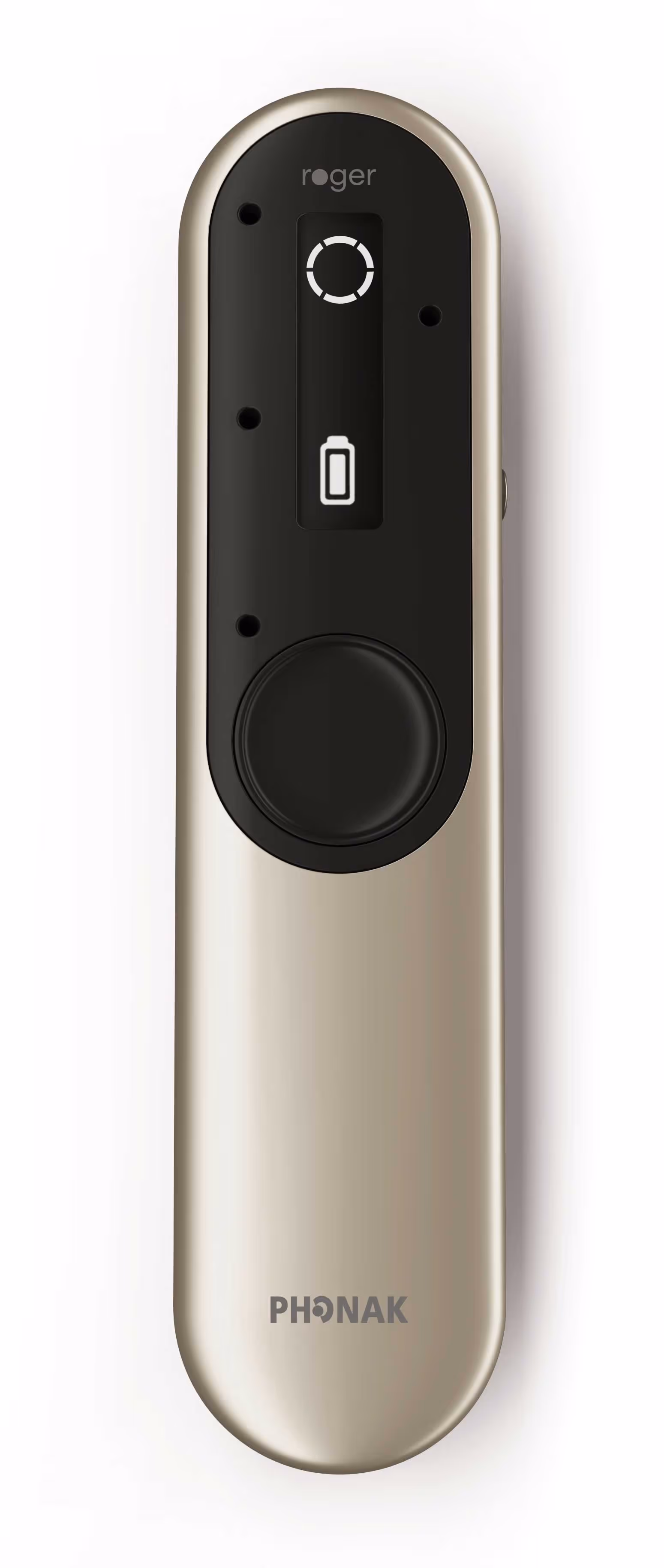 A silver and black electronic device with control buttons, labeled "Phonak Roger."
