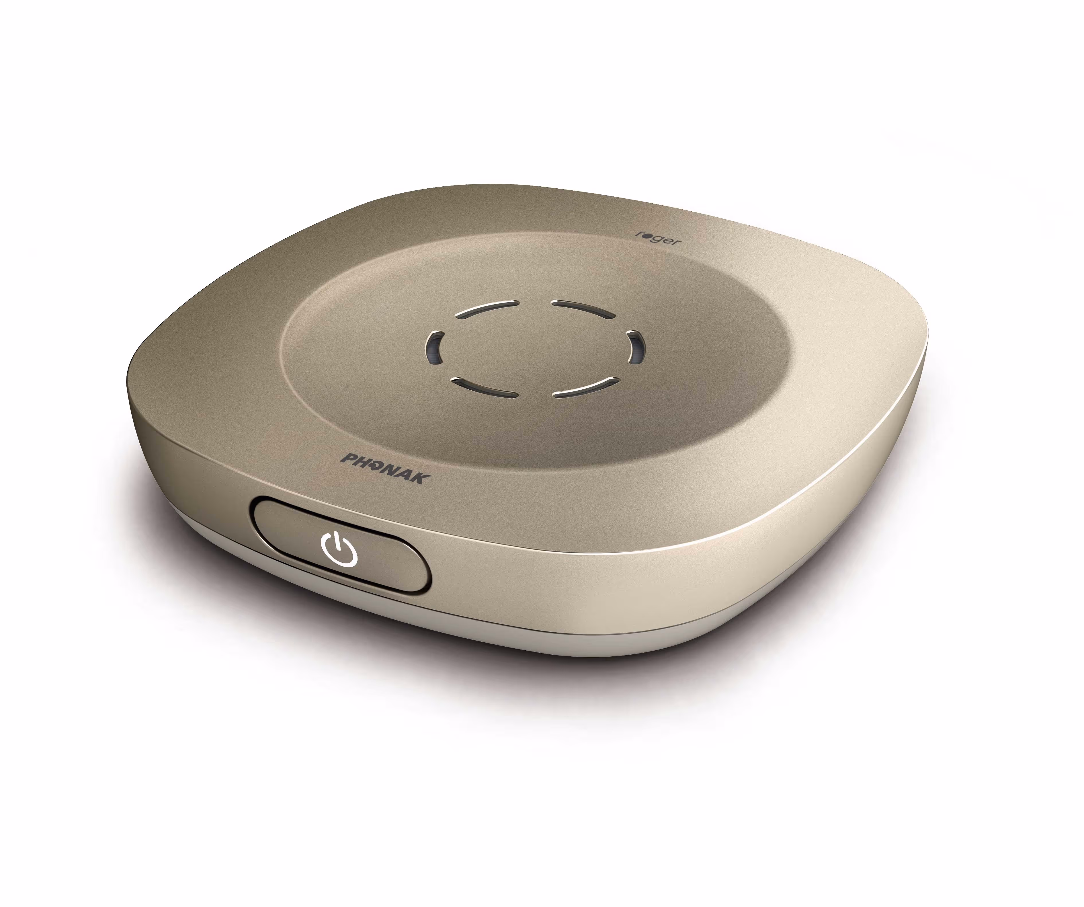 A round, beige digital hearing aid accessory with a power button on the front.