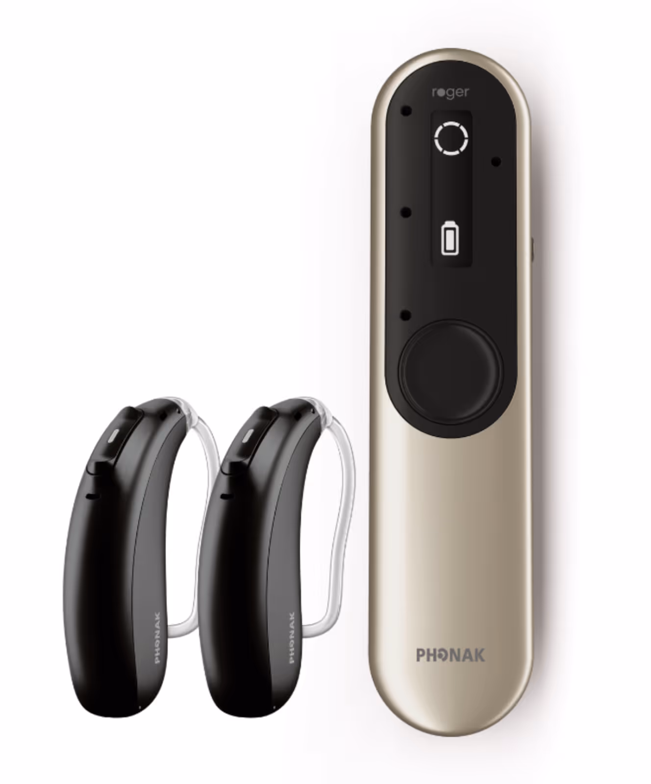 Two behind-the-ear hearing aids are paired with a handheld remote control device.