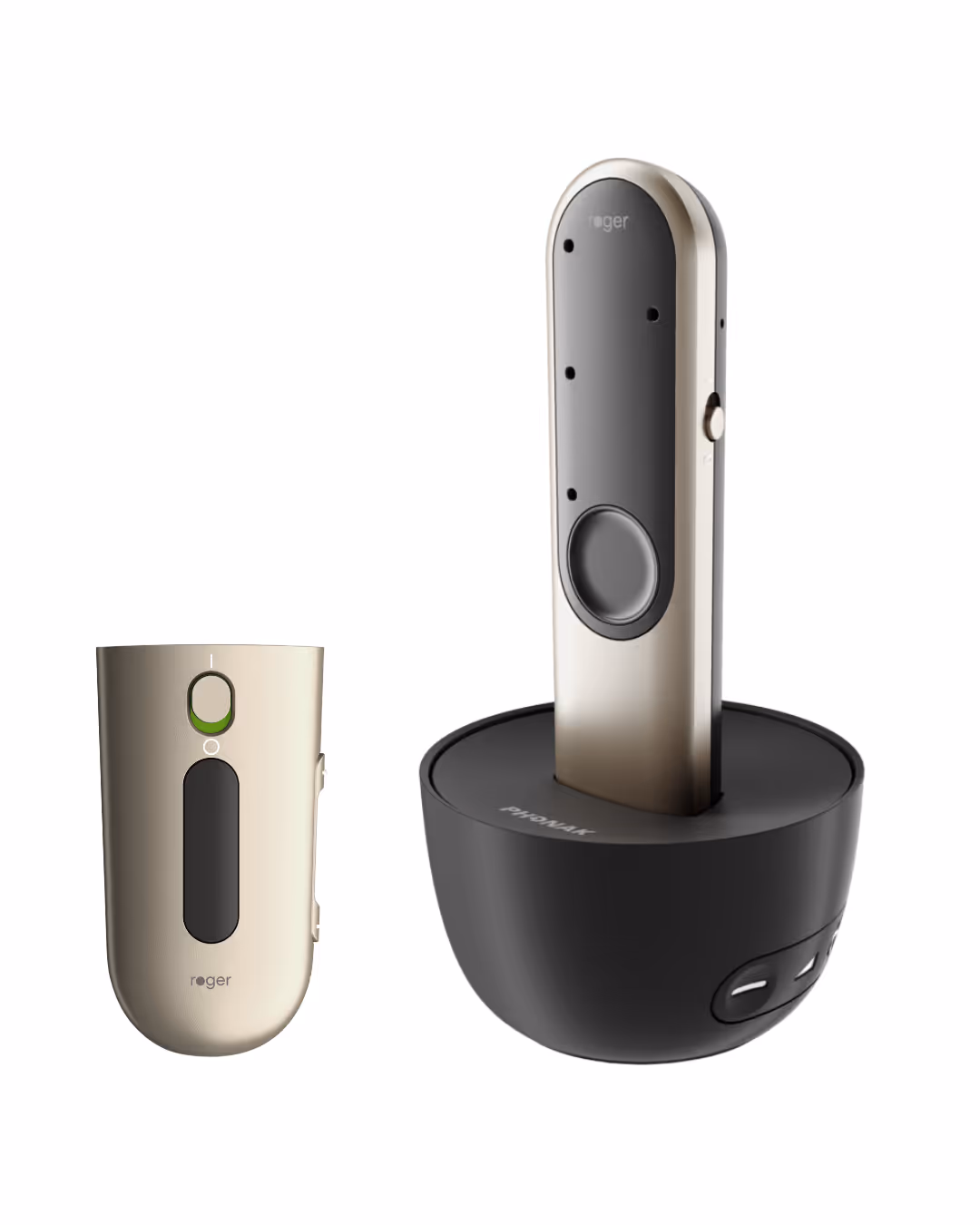 Two handheld devices; one docked in a charging station, the other with a green button.